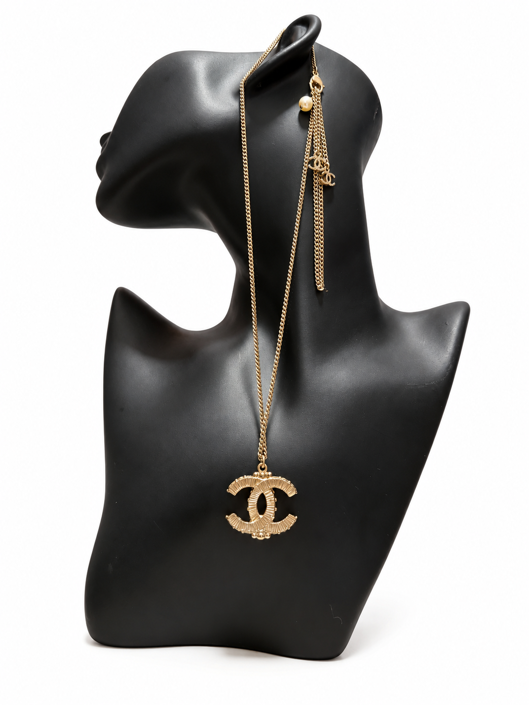 Chanel CC Long Pendant Necklace Gold Tone Pink Fuchsia Black Cabochon Tassel