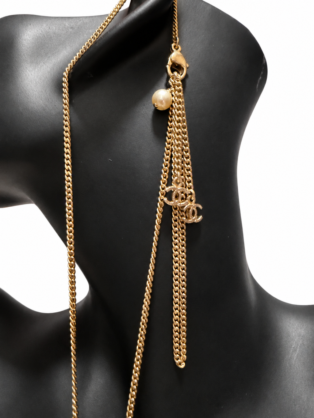 Chanel CC Long Pendant Necklace Gold Tone Pink Fuchsia Black Cabochon Tassel