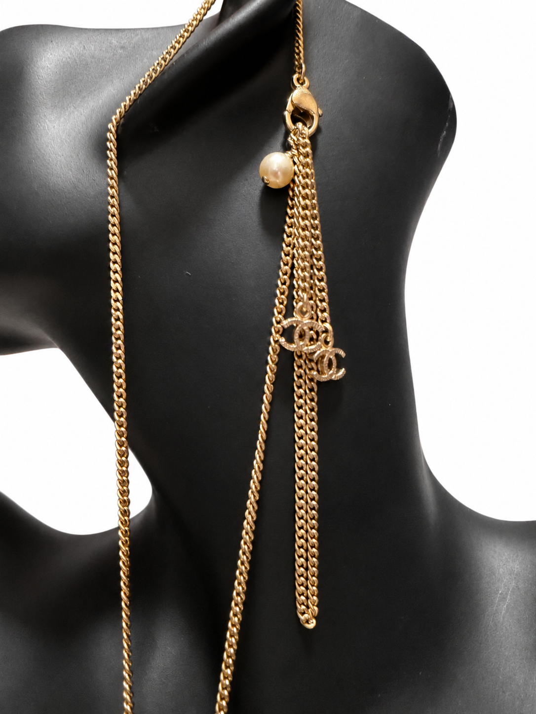 Chanel CC Long Pendant Necklace Gold Tone Pink Fuchsia Black Cabochon Tassel