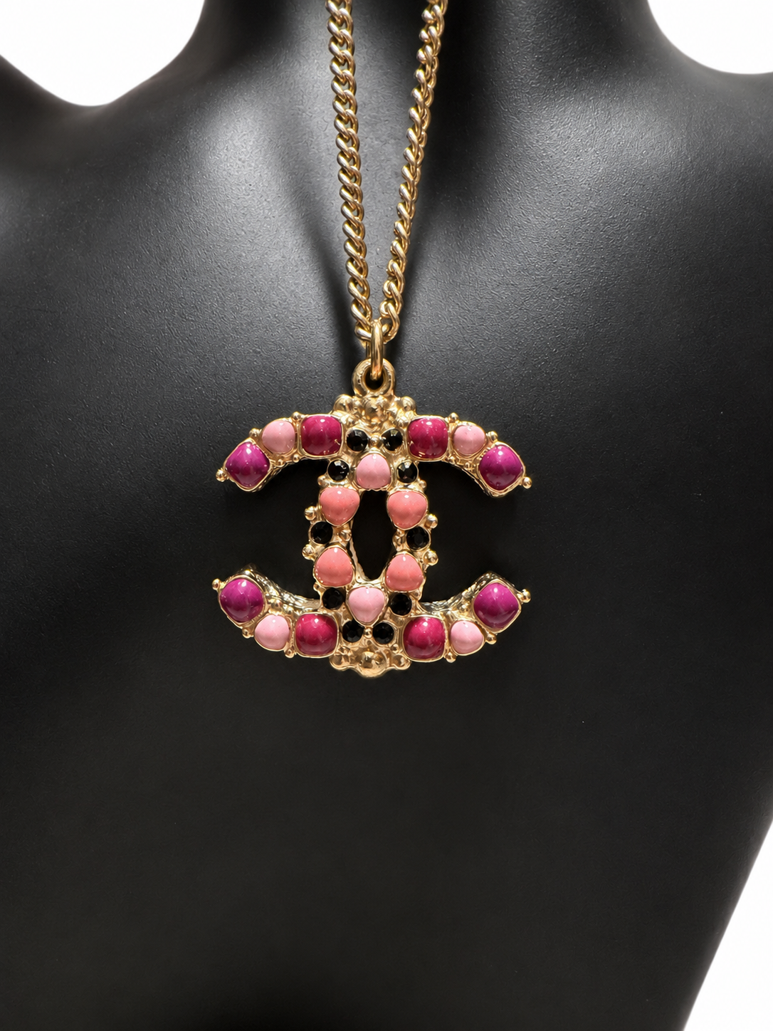 Chanel CC Long Pendant Necklace Gold Tone Pink Fuchsia Black Cabochon Tassel
