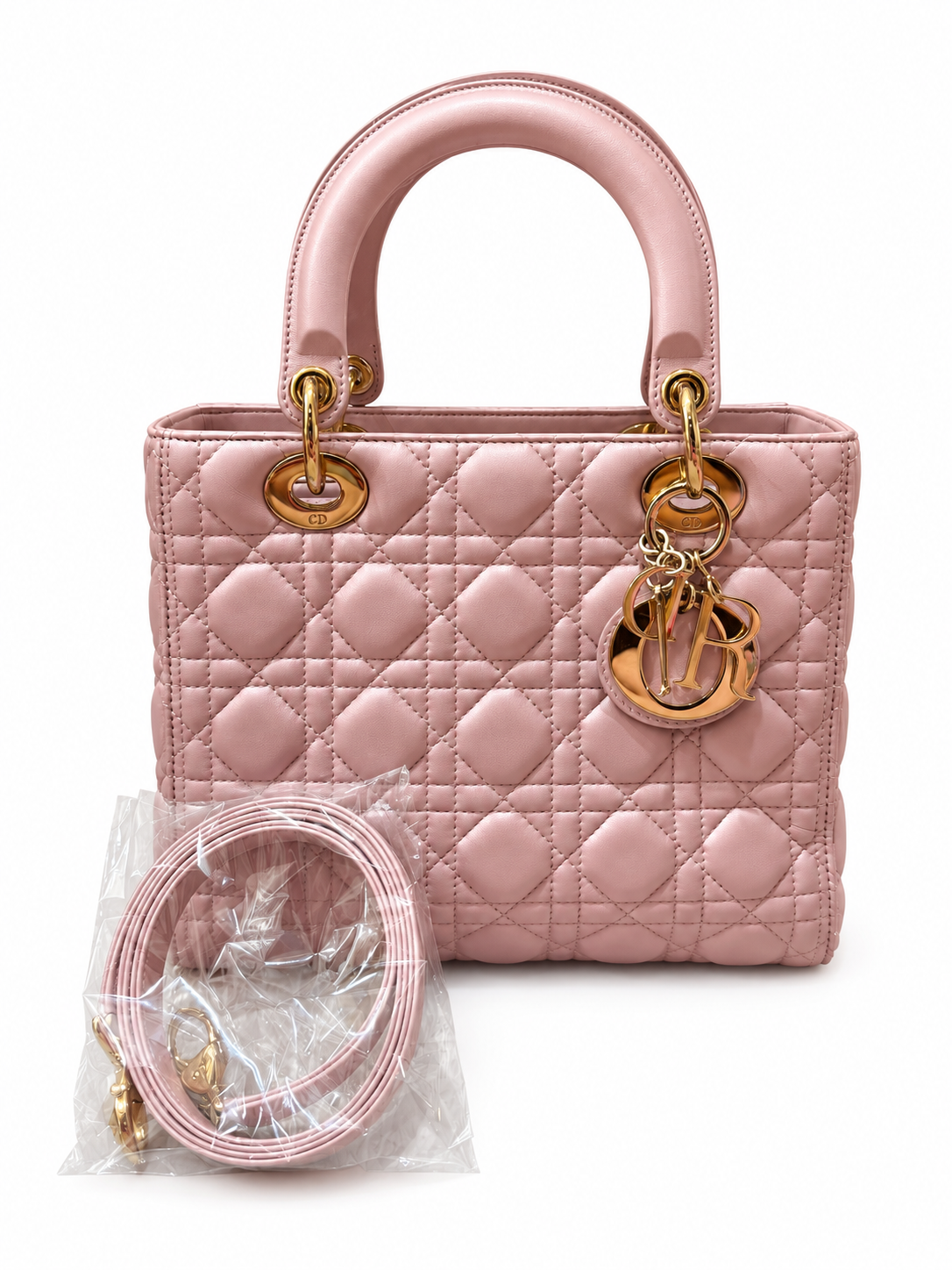 Christian Dior Lady Dior Cannage Quilted Pink Leather Top Handle Bag Gold Hardware + Strap