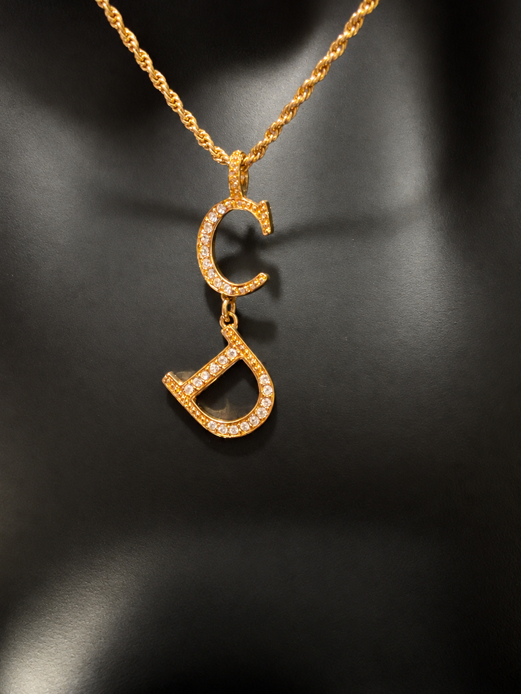 Vintage Christian Dior CD Crystal Drop Pendant Necklace Gold Tone