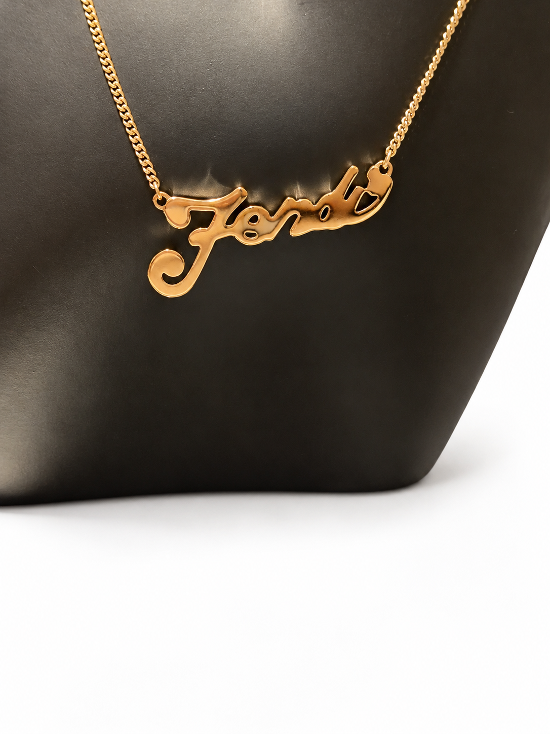 Fendi Gold-Tone Script Signature Logo Necklace Designer Statement Jewelry