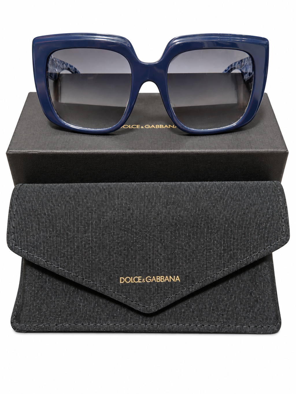 Dolce & Gabbana Oversized Square Blue Majolica Sunglasses – Gradient Lenses, Box & Case