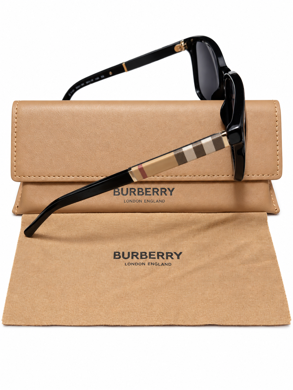 Burberry Black Square Cat Eye Sunglasses – Signature Check Temples, Case & Cloth