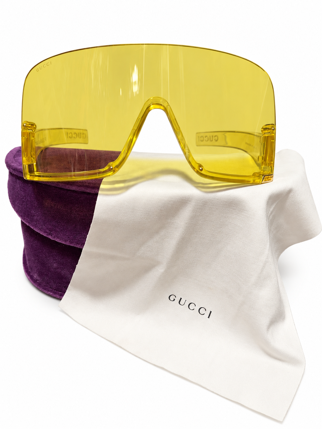 Gucci Oversized Yellow Shield Sunglasses – Transparent Visor Statement Eyewear with Case