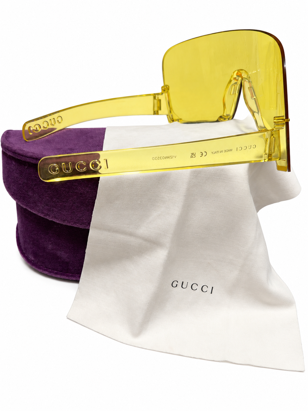 Gucci Oversized Yellow Shield Sunglasses – Transparent Visor Statement Eyewear with Case