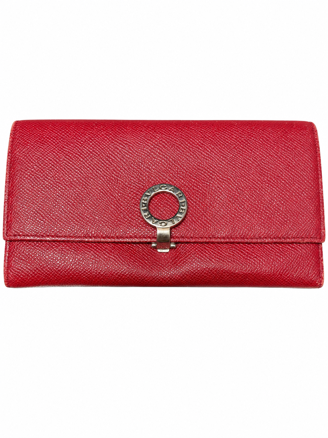 BVLGARI BVLGARI Red Textured Leather Continental Long Wallet Silver Logo Clasp