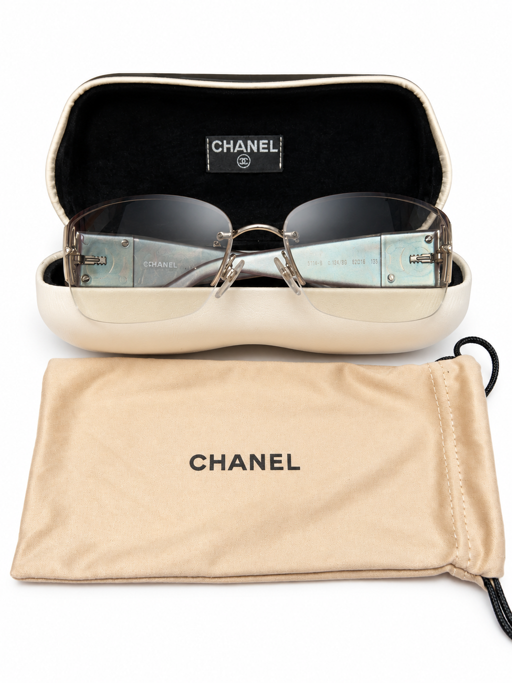 Vintage Chanel Rimless Gradient Sunglasses Crystal CC Logo Iridescent Y2K – Entrupy COA