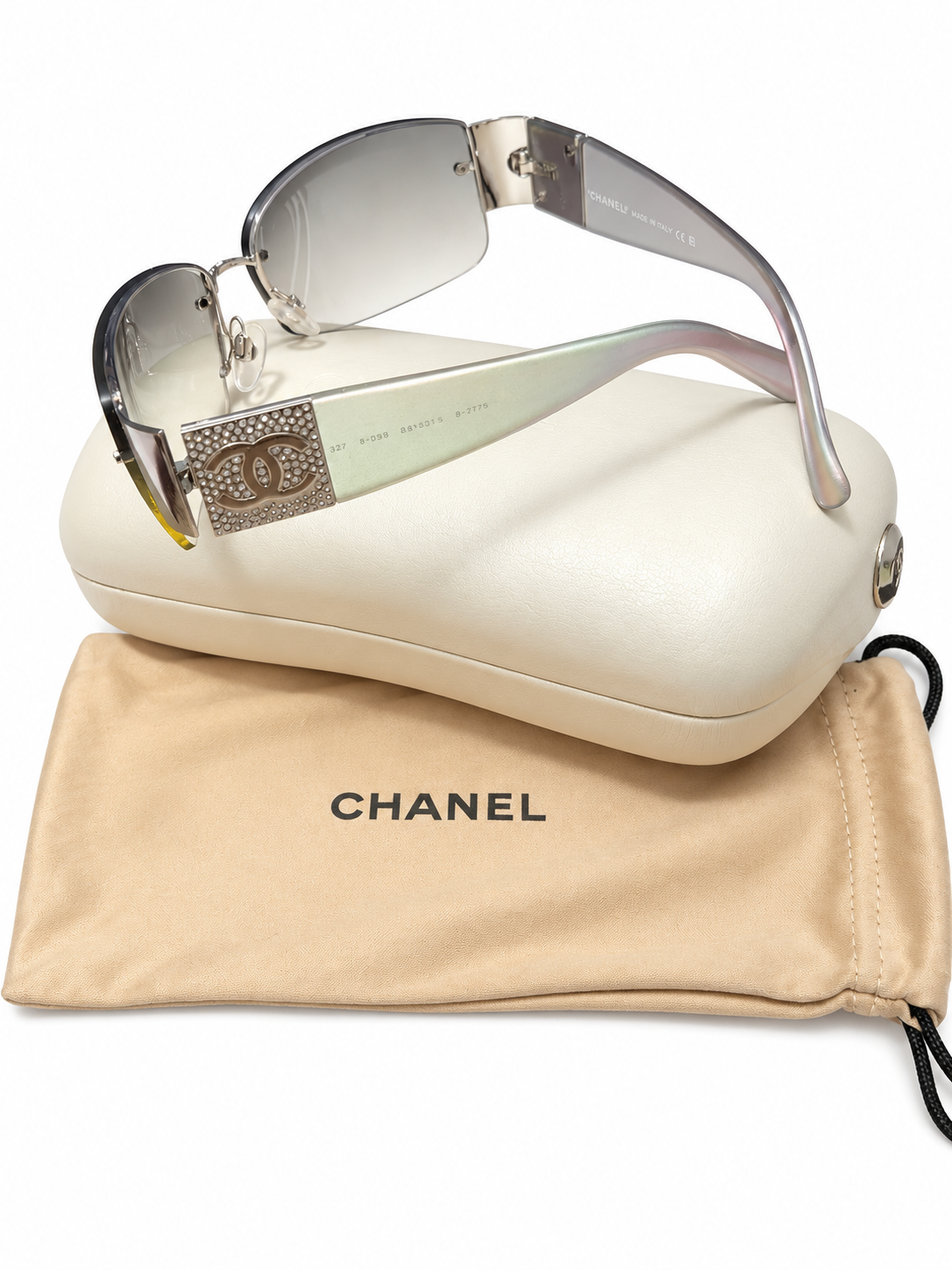 Vintage Chanel Rimless Gradient Sunglasses Crystal CC Logo Iridescent Y2K – Entrupy COA